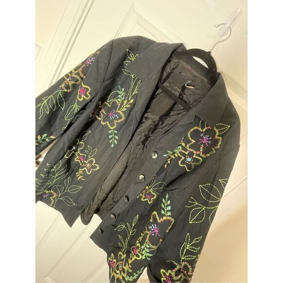 Vikki Vi Black Linen/Cotton Blend Floral Embroidery Lined Jacket Blazer Size 2X - Picture 1 of 7